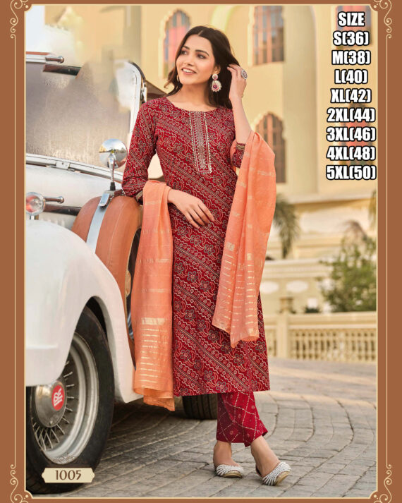 Heavy Rayon Kurti, Pant, Dupatta With Elegant Embroidery Perfect For Partywear