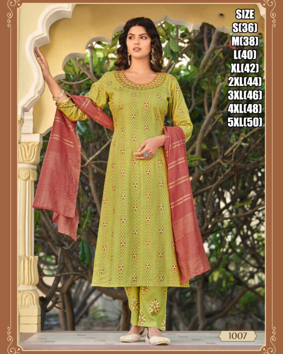 Heavy Rayon Kurti, Pant, Dupatta With Elegant Embroidery Perfect For Partywear