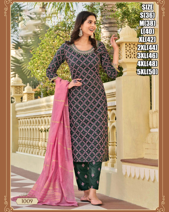 Heavy Rayon Kurti, Pant, Dupatta With Elegant Embroidery Perfect For Partywear