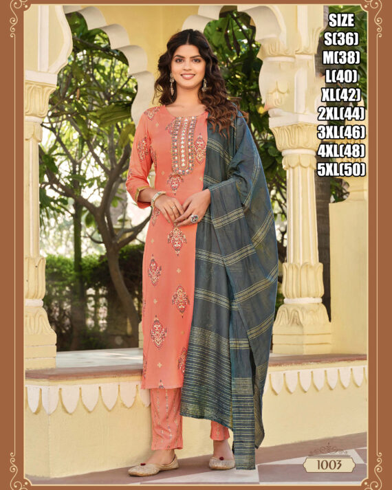 Heavy Rayon Kurti, Pant, Dupatta With Elegant Embroidery Perfect For Partywear