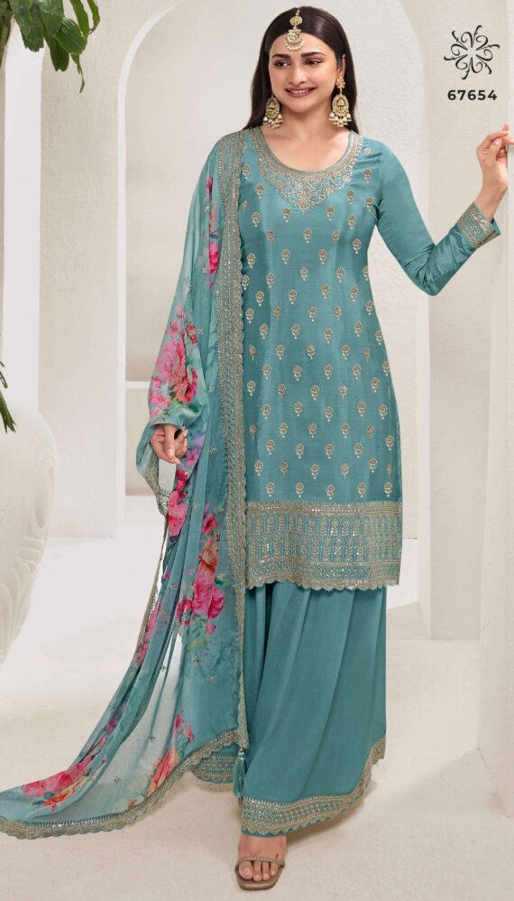 Ethnicrang Women's Silk Chinon Unstitched Kurta With Sharara And Dupatta