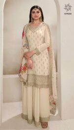 Ethnicrang Women's Silk Chinon Unstitched Kurta With Sharara And Dupatta