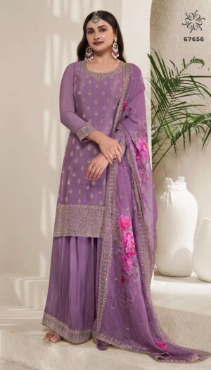 Ethnicrang Women's Silk Chinon Unstitched Kurta With Sharara And Dupatta