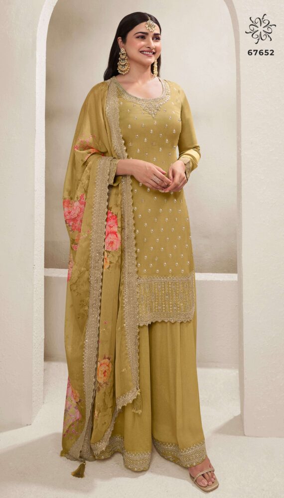 Ethnicrang Women's Silk Chinon Unstitched Kurta With Sharara And Dupatta