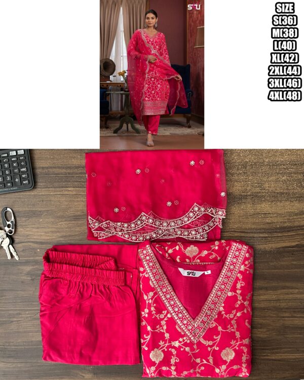 Women's Festive Wear Dola Jacquard Kurti Pent Set| Stitched Occational Kurti-Pent With Dupatta