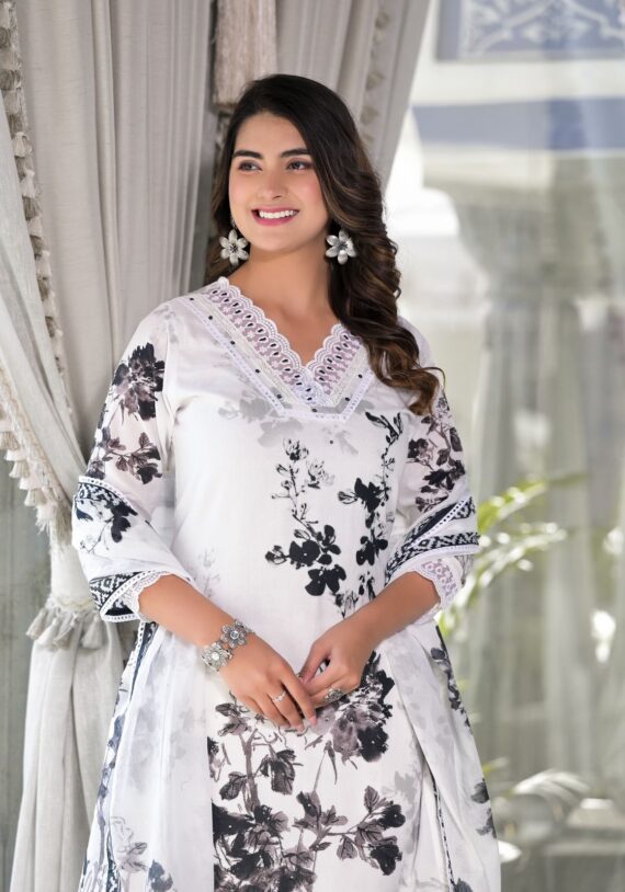 Festive Wear Women's Summer Stylish Stitched White Cotton Kurti-Pent Set| New Latest Summer Collections For Girls