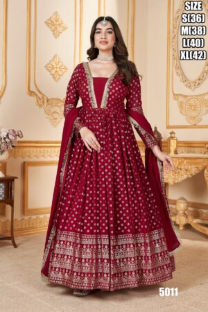 Party Wear Designer Stitched Gown With Dupatta For Women| Red Colour Metalic Foil Work Outfit For Wedding