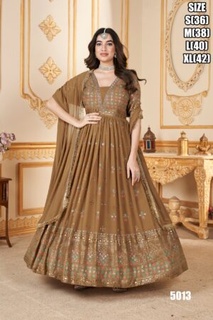 Designer Wedding Wear Stitched Georgette Mustard Yellow Colour Foil Work Gown With Dupatta| Party Wear Outfit For Womens.