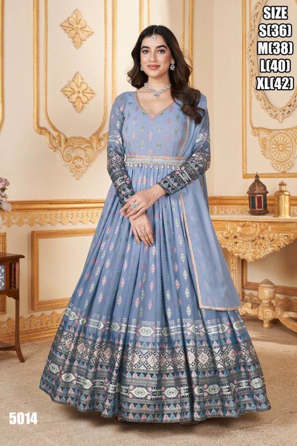 Traditional Women's Collection Wedding Wear Stitched Gown With Dupatta| Grey To Blue Gown For Parties