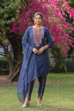 Latest Designer Party Wear Navy Blue Colour Cotton Kurti-Pent Set, Embroidery Work Stitched Kurti-Pent With Dupatta For Women Collection