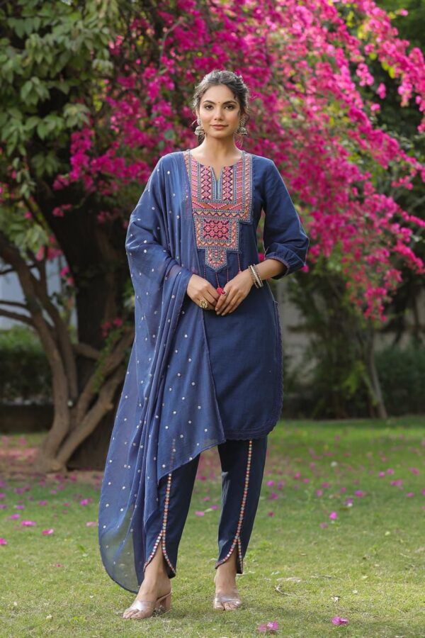Latest Designer Party Wear Navy Blue Colour Cotton Kurti-Pent Set, Embroidery Work Stitched Kurti-Pent With Dupatta For Women Collection