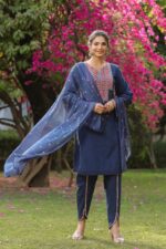 Latest Designer Party Wear Navy Blue Colour Cotton Kurti-Pent Set, Embroidery Work Stitched Kurti-Pent With Dupatta For Women Collection