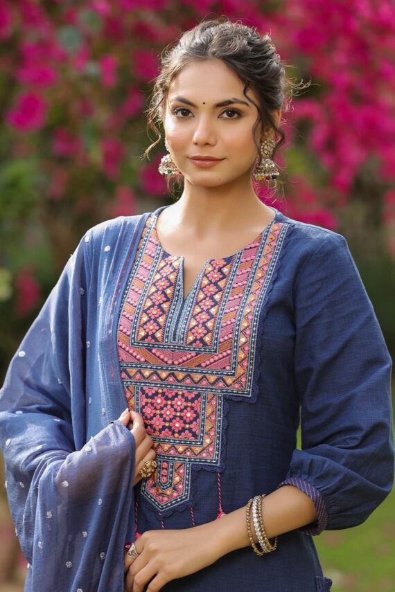 Latest Designer Party Wear Navy Blue Colour Cotton Kurti-Pent Set, Embroidery Work Stitched Kurti-Pent With Dupatta For Women Collection