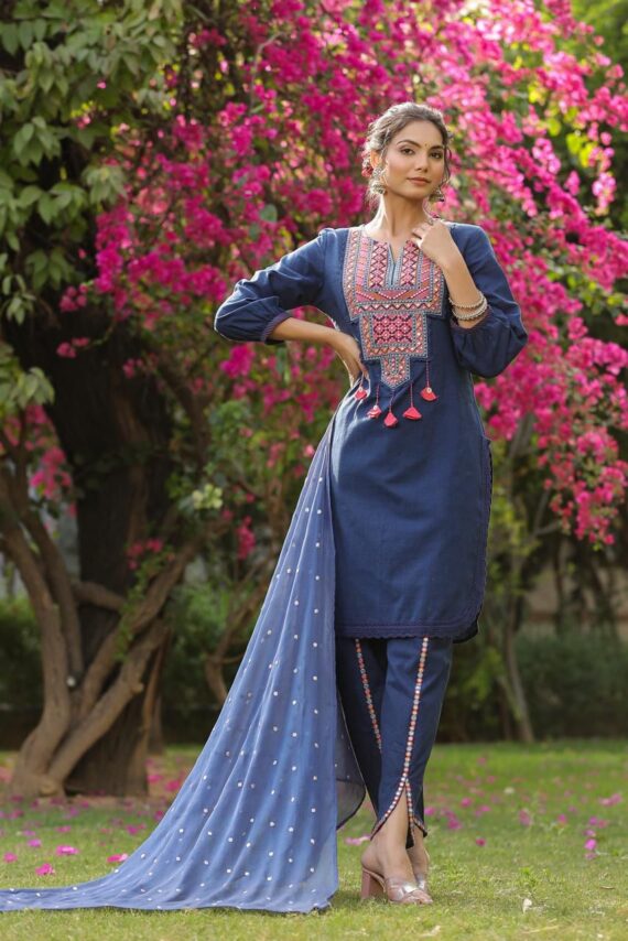 Latest Designer Party Wear Navy Blue Colour Cotton Kurti-Pent Set, Embroidery Work Stitched Kurti-Pent With Dupatta For Women Collection
