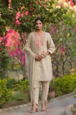 Beige Colour Women's Wear Summer Style Cotton Kurti-Pent Set| Stitched Cotton And Embroiderd Work Kurti-Pent With Dupatta For Parties