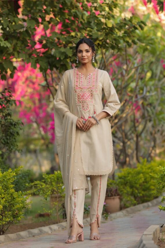 Beige Colour Women's Wear Summer Style Cotton Kurti-Pent Set| Stitched Cotton And Embroiderd Work Kurti-Pent With Dupatta For Parties