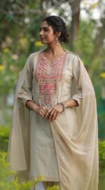 Beige Colour Women's Wear Summer Style Cotton Kurti-Pent Set| Stitched Cotton And Embroiderd Work Kurti-Pent With Dupatta For Parties
