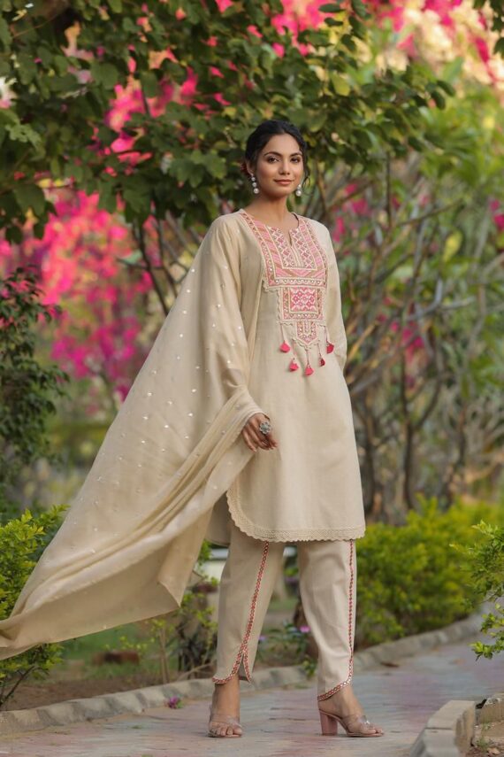 Beige Colour Women's Wear Summer Style Cotton Kurti-Pent Set| Stitched Cotton And Embroiderd Work Kurti-Pent With Dupatta For Parties