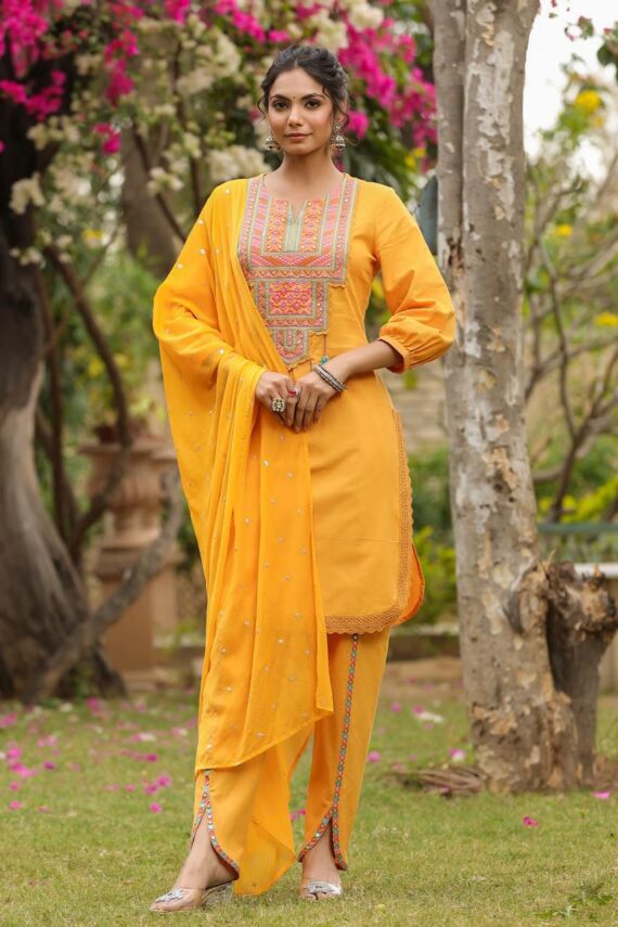 Women's Collection Yellow Colour Stitched Cotton Kurti-Pent With Dupatta| New Designer Kurti Set For Summer
