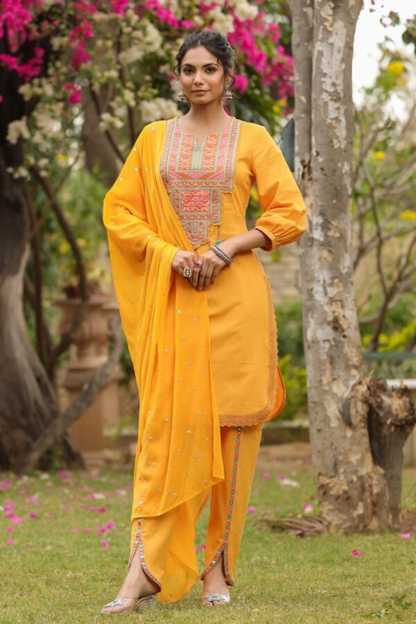Women's Collection Yellow Colour Stitched Cotton Kurti-Pent With Dupatta| New Designer Kurti Set For Summer