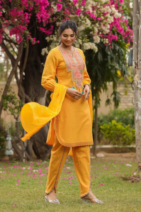 Women's Collection Yellow Colour Stitched Cotton Kurti-Pent With Dupatta| New Designer Kurti Set For Summer