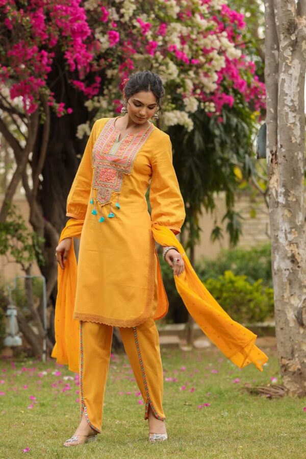 Women's Collection Yellow Colour Stitched Cotton Kurti-Pent With Dupatta| New Designer Kurti Set For Summer