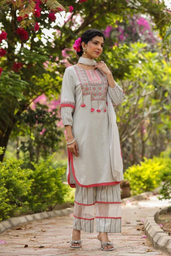 Festive Wear Women's Designer Embroidered Work Stitched Cotton Kurti-Pent With Dupatta| Latest Kurti-Pent Set For Summer