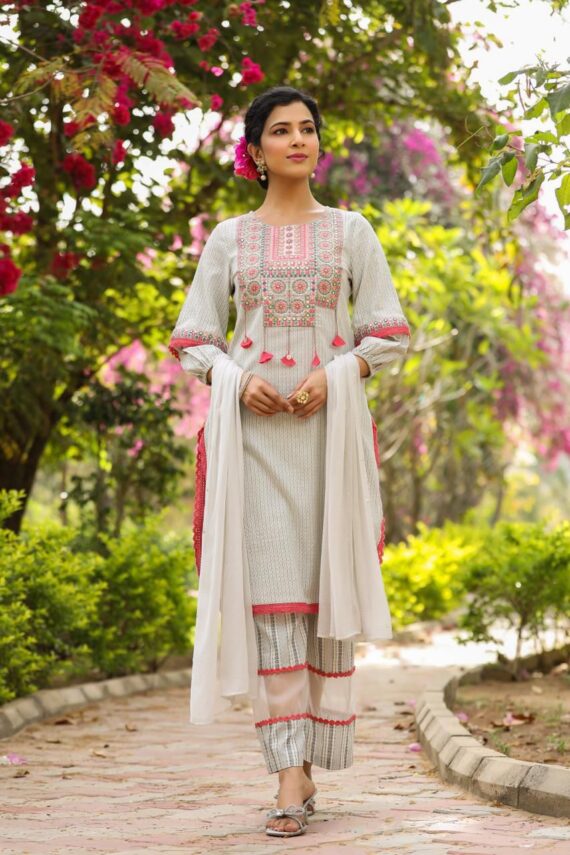 Festive Wear Women's Designer Embroidered Work Stitched Cotton Kurti-Pent With Dupatta| Latest Kurti-Pent Set For Summer