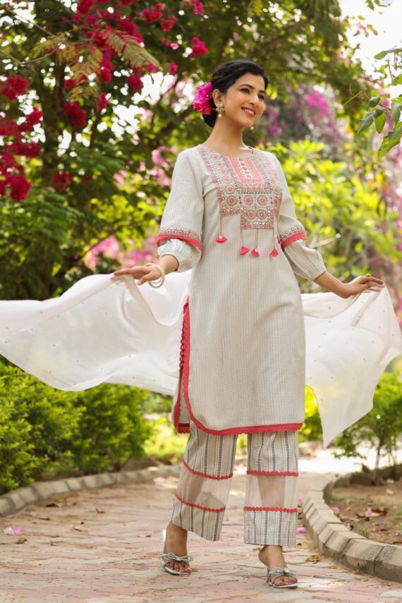 Festive Wear Women's Designer Embroidered Work Stitched Cotton Kurti-Pent With Dupatta| Latest Kurti-Pent Set For Summer