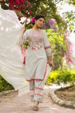 Festive Wear Women's Designer Embroidered Work Stitched Cotton Kurti-Pent With Dupatta| Latest Kurti-Pent Set For Summer