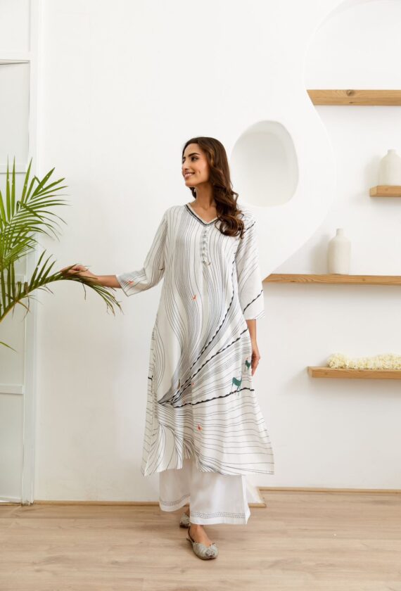 Women's Collections Festive Wear White Stitched Cotton Kurti-Plazzo Set| Latest Kurti Sets For Summer