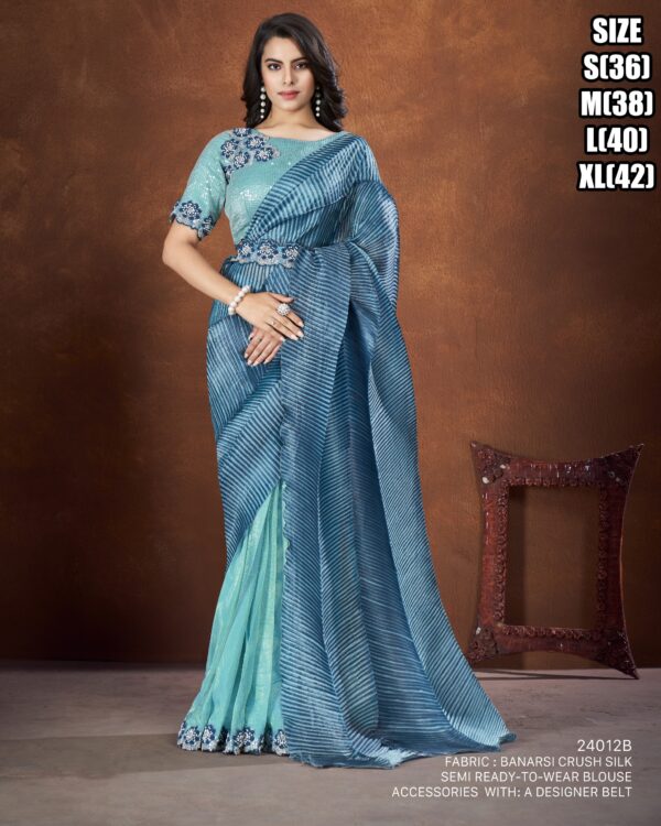 Sea Blue Colour Women's Wedding Wear Banarsi Crush Silk Saree With Blouse| Latest Designer Saree For Girls