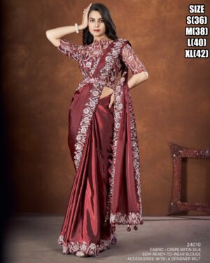 Exclusive Saree Collections For Women's Party Wear Red Satin Silk Crepe Saree With Embroidery Work Blouse