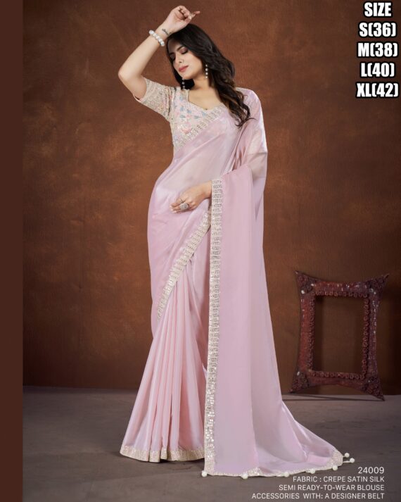 Latest Trendiest Women's Party Wear Stitched Satin Silk Crepe Saree With Heavy Embroidered Work Blouse