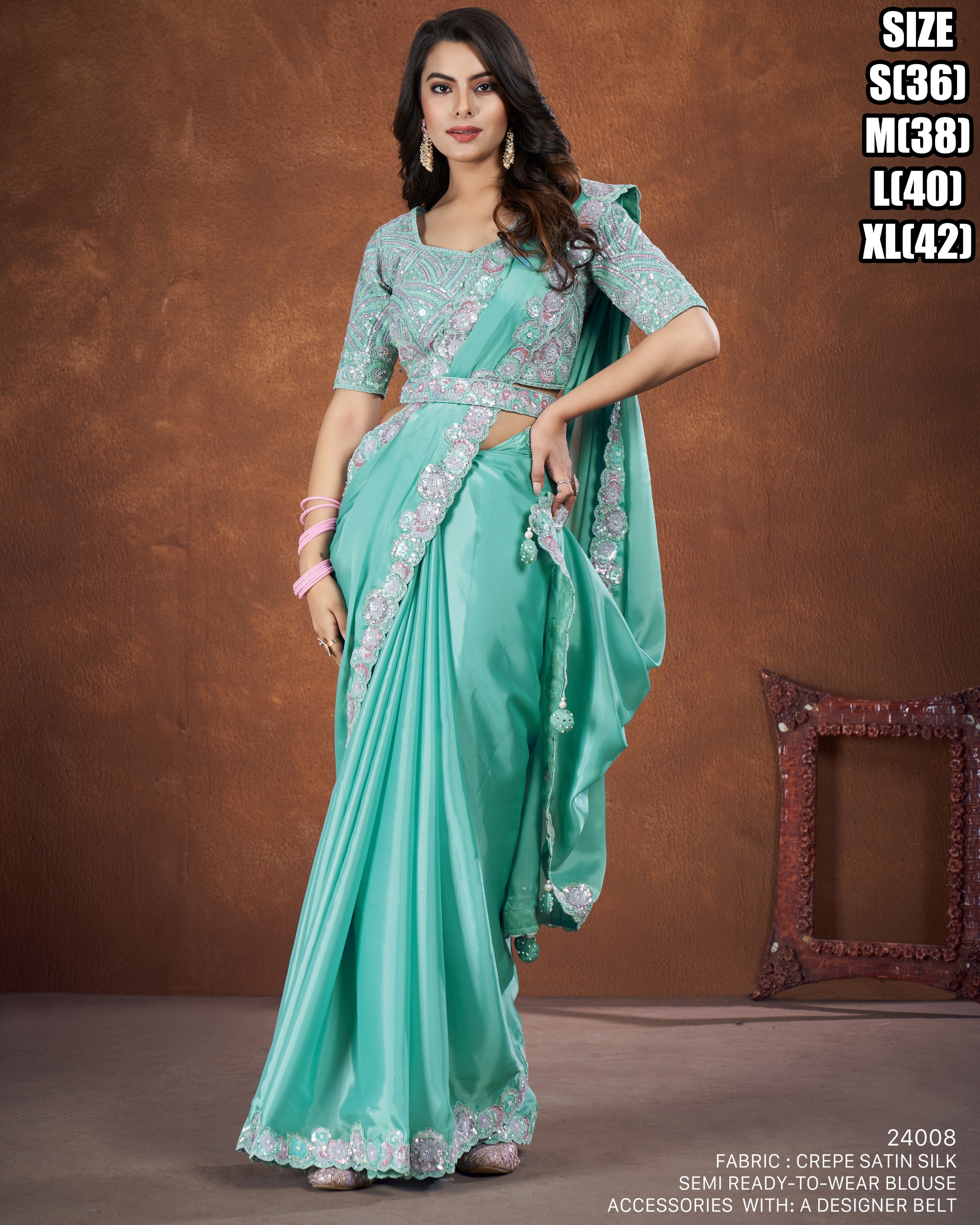 Silk Satin Saree With Belt Persian Blue Pre-Pleated Satin Saree