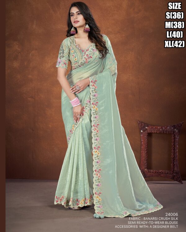 Exclusive Women's Wear Stitched Banarsi Crush Silk Saree With Embroidered Blouse For Wedding