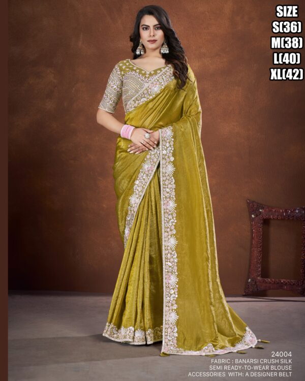 Mustard Yellow Banarsi Silk Saree With Embroidered Blouse| Stitched Saree Collections For Wedding