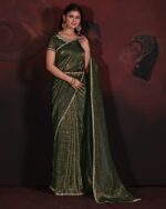 Beautiful Saree Collection Women's Wear Shiny Self Crush Effect Jari Saree With Zircon Work Blouse For Parties