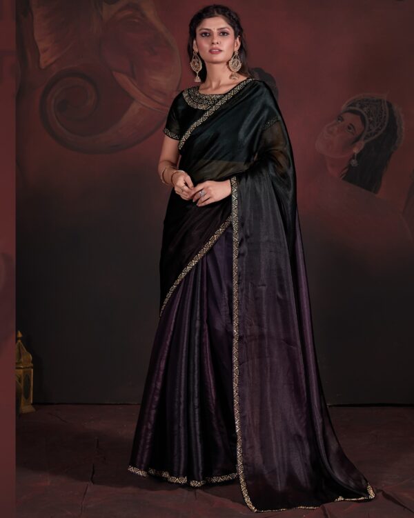 Traditional Party Wear Un-Stitched Pure Satin Georgette Blooming Saree With Zircon Work Blouse