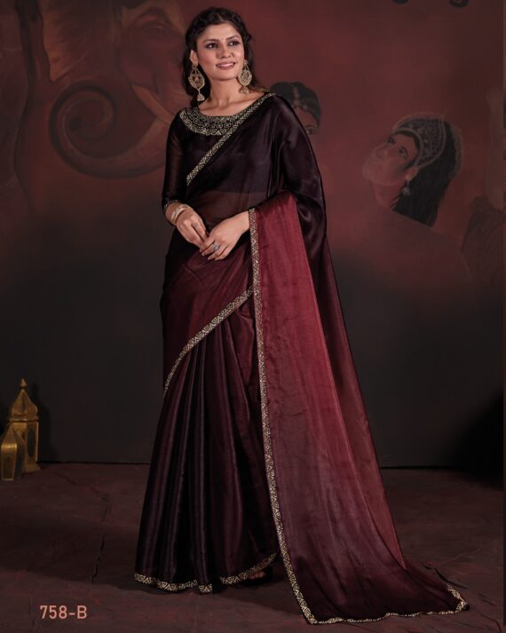 Traditional Party Wear Un-Stitched Pure Satin Georgette Blooming Saree With Zircon Work Blouse
