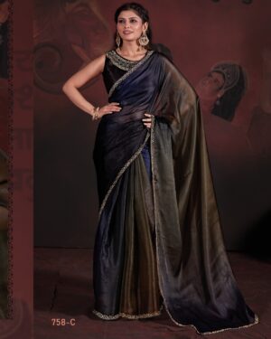 Traditional Party Wear Un-Stitched Pure Satin Georgette Blooming Saree With Zircon Work Blouse