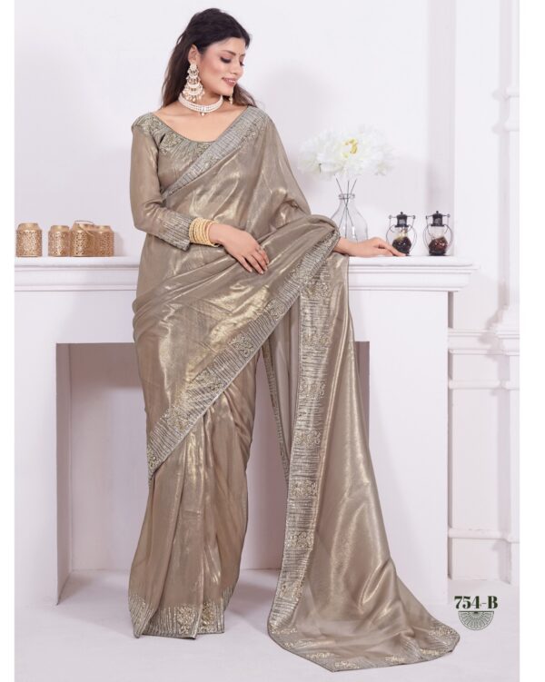 Designer Women's Party Wear Stitched Raina Net Coating Saree With Heavy Handwork & Zircon Work Blouse