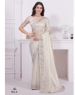 Designer Women's Party Wear Stitched Raina Net Coating Saree With Heavy Handwork & Zircon Work Blouse
