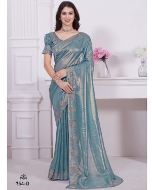 Designer Women's Party Wear Stitched Raina Net Coating Saree With Heavy Handwork & Zircon Work Blouse