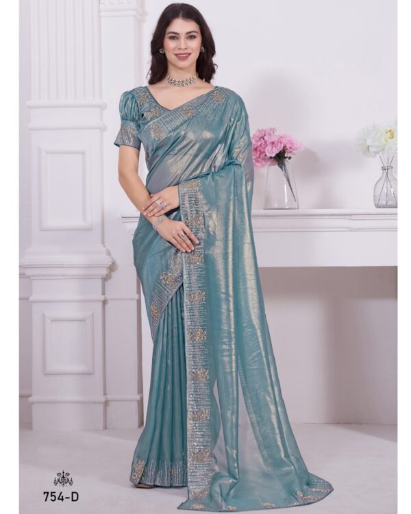 Designer Women's Party Wear Stitched Raina Net Coating Saree With Heavy Handwork & Zircon Work Blouse