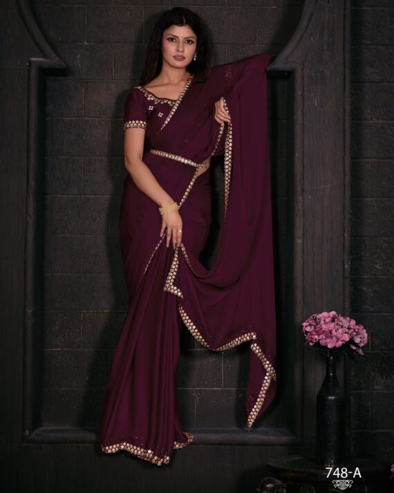 Women's Un-Stitched Pure Satin Georgette Blooming Party Wear Designer Saree With Blouse