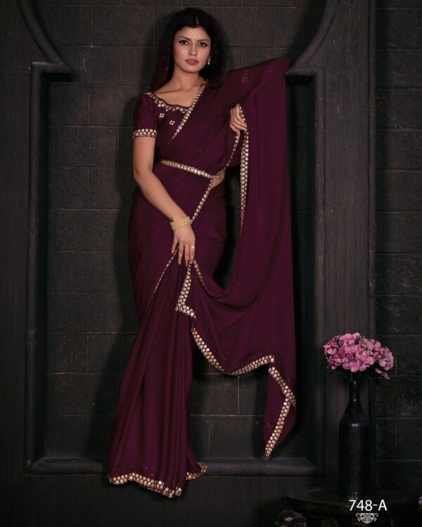 Women's Un-Stitched Pure Satin Georgette Blooming Party Wear Designer Saree With Blouse