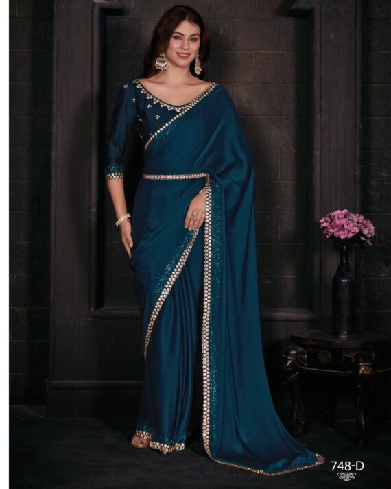 Women's Un-Stitched Pure Satin Georgette Blooming Party Wear Designer Saree With Blouse