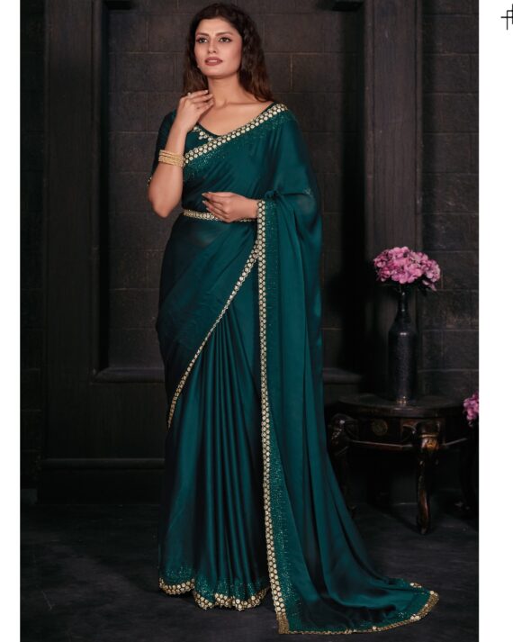 Women's Un-Stitched Pure Satin Georgette Blooming Party Wear Designer Saree With Blouse