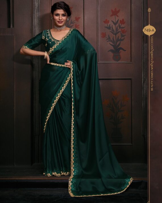 Wedding Wear Un-Stitched Pure Satin Georgette Bollywood Style Saree With Blouse